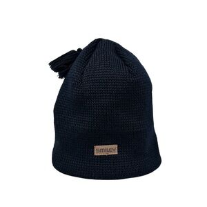 Vintage Smiley Wool Knit Beanie Hat Cap OS Black Made in the USA Tassel Top